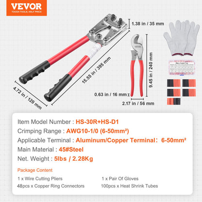 Battery Cable Lug Crimping Tool, 10-1/0AWG with Cable Cutter and 48PCS Copper Ring Terminals, 6 Wire Sizes Crimping Die and 100pcs Heat Shrink Tubes, for Heavy Duty Wire Lugs