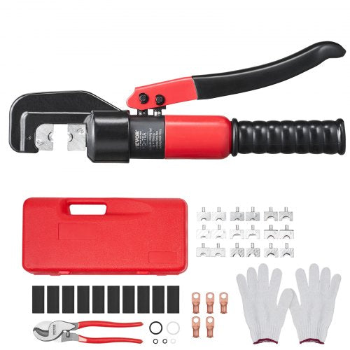 Hydraulic Crimping Tool with 9 Sets of Dies AWG12-2/0 Copper And Aluminum Terminal Battery Lug Crimper, with a Cutting Pliers, Gloves, 5pcs Copper Ring Connectors, 8pcs Heat Shrink Sleeves