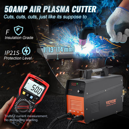 Plasma Cutter, 50Amp, Non-Touch Pilot Arc Air Cutting Machine with Torch, 110V/220V Dual Voltage AC IGBT Inverter Metal Cutting Equipment for 1/2" Clean Cut Aluminum and Stainless Steel