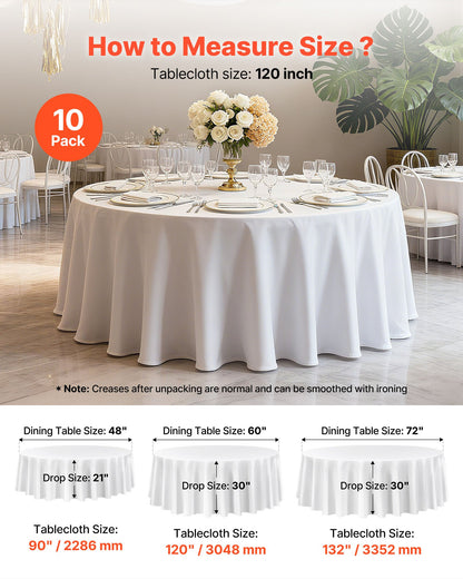 White Round Tablecloths 10 Pack, 120 Inches in Diameter, Stain- & Wrinkle- Resistant, Machine Washable Table Clothes, Polyester Fabric Table Covers for Wedding, Party, Banquet, Formal Events