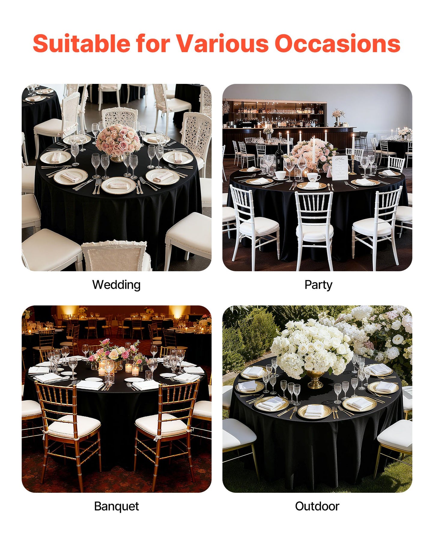 Black Round Tablecloths 10 Pack, 120 Inches in Diameter, Stain- & Wrinkle- Resistant, Machine Washable Table Clothes, Polyester Fabric Table Covers for Wedding, Party, Banquet, Formal Events