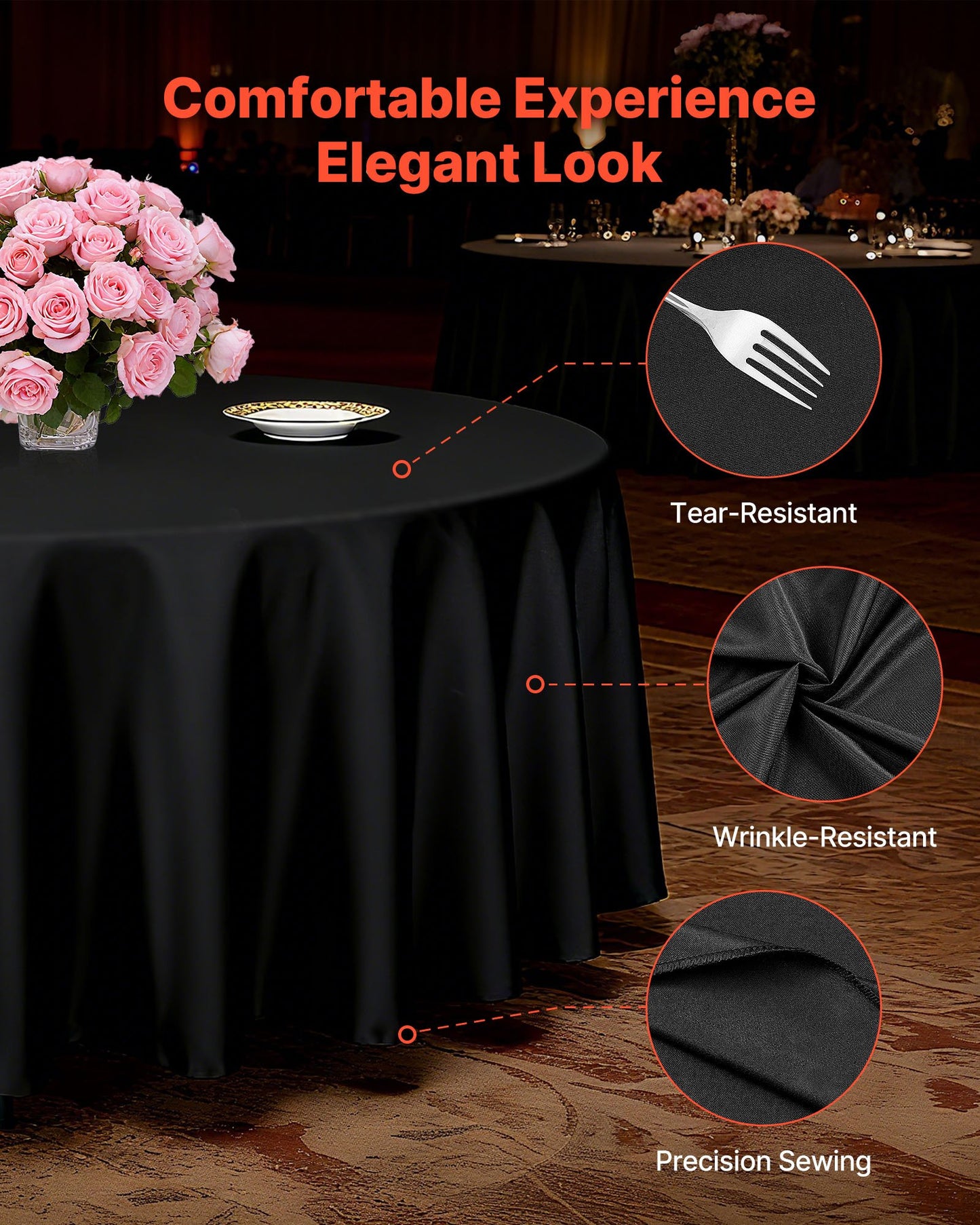 Black Round Tablecloths 6 Pack, 120 Inches in Diameter, Stain- & Wrinkle- Resistant, Machine Washable Table Clothes, Polyester Fabric Table Covers for Wedding, Party, Banquet, Formal Events
