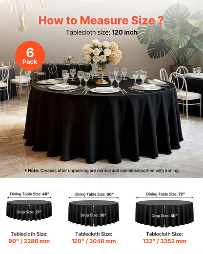 Black Round Tablecloths 6 Pack, 120 Inches in Diameter, Stain- & Wrinkle- Resistant, Machine Washable Table Clothes, Polyester Fabric Table Covers for Wedding, Party, Banquet, Formal Events
