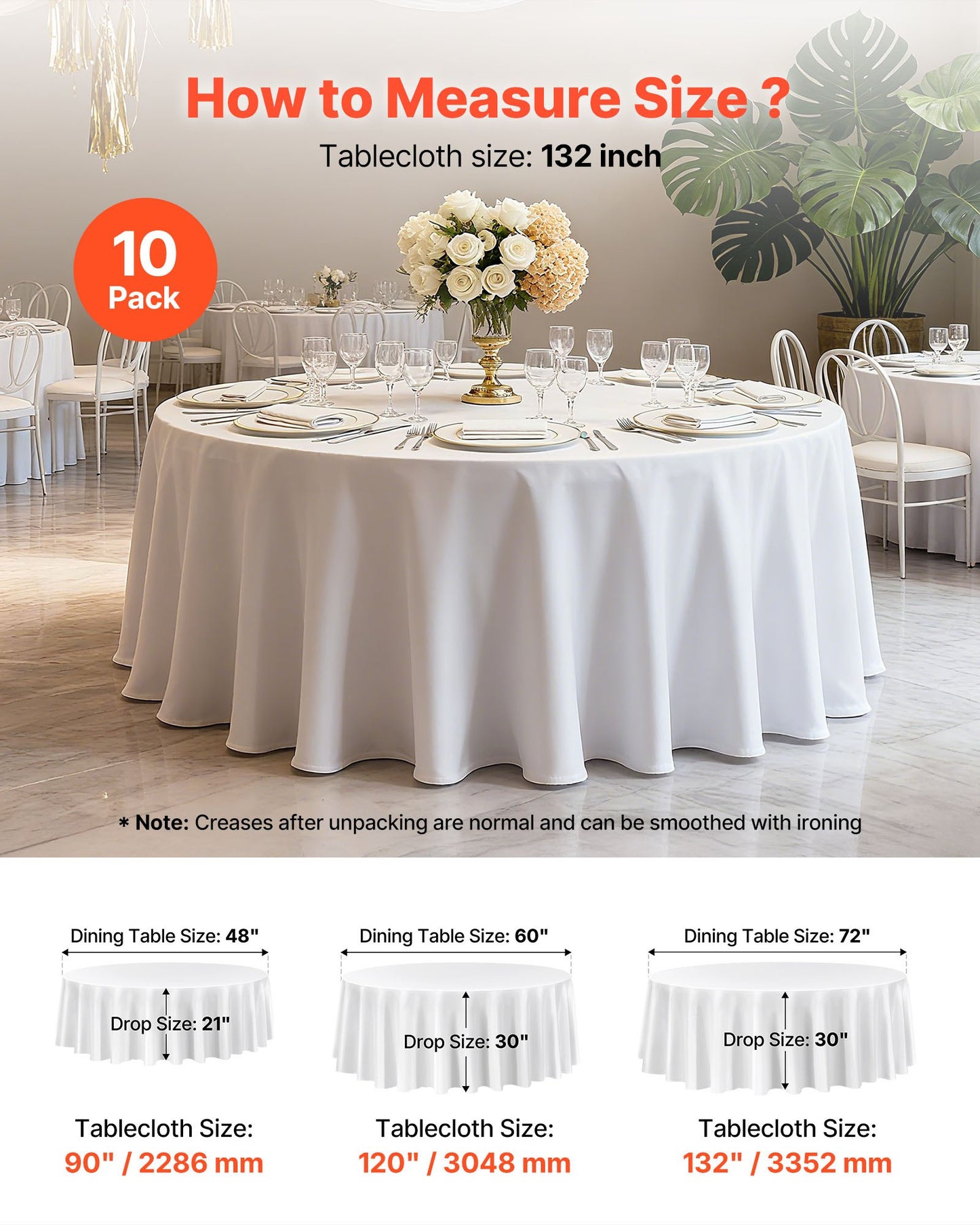 White Round Tablecloths 10 Pack, 132 Inches in Diameter, Stain- & Wrinkle- Resistant, Machine Washable Table Clothes, Polyester Fabric Table Covers for Wedding, Party, Banquet, Formal Events