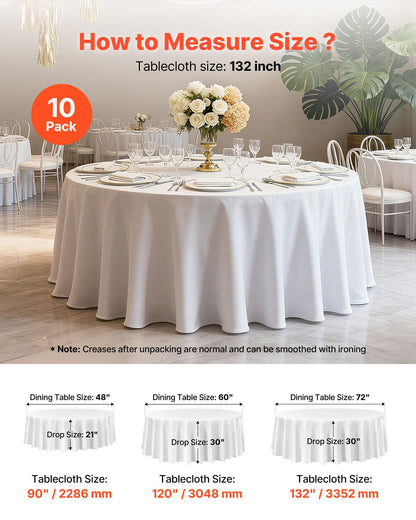 White Round Tablecloths 10 Pack, 132 Inches in Diameter, Stain- & Wrinkle- Resistant, Machine Washable Table Clothes, Polyester Fabric Table Covers for Wedding, Party, Banquet, Formal Events