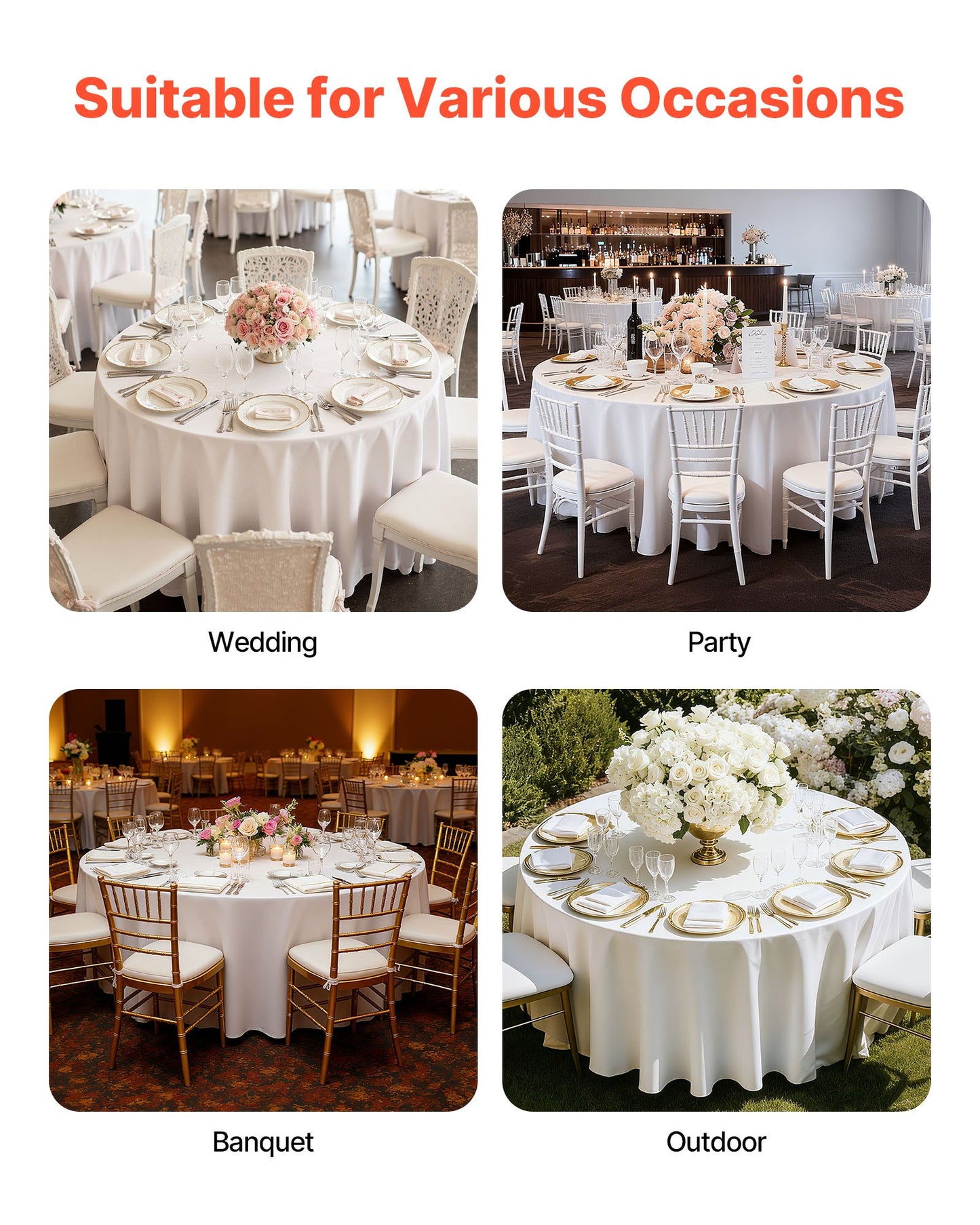 White Round Tablecloths 10 Pack, 132 Inches in Diameter, Stain- & Wrinkle- Resistant, Machine Washable Table Clothes, Polyester Fabric Table Covers for Wedding, Party, Banquet, Formal Events