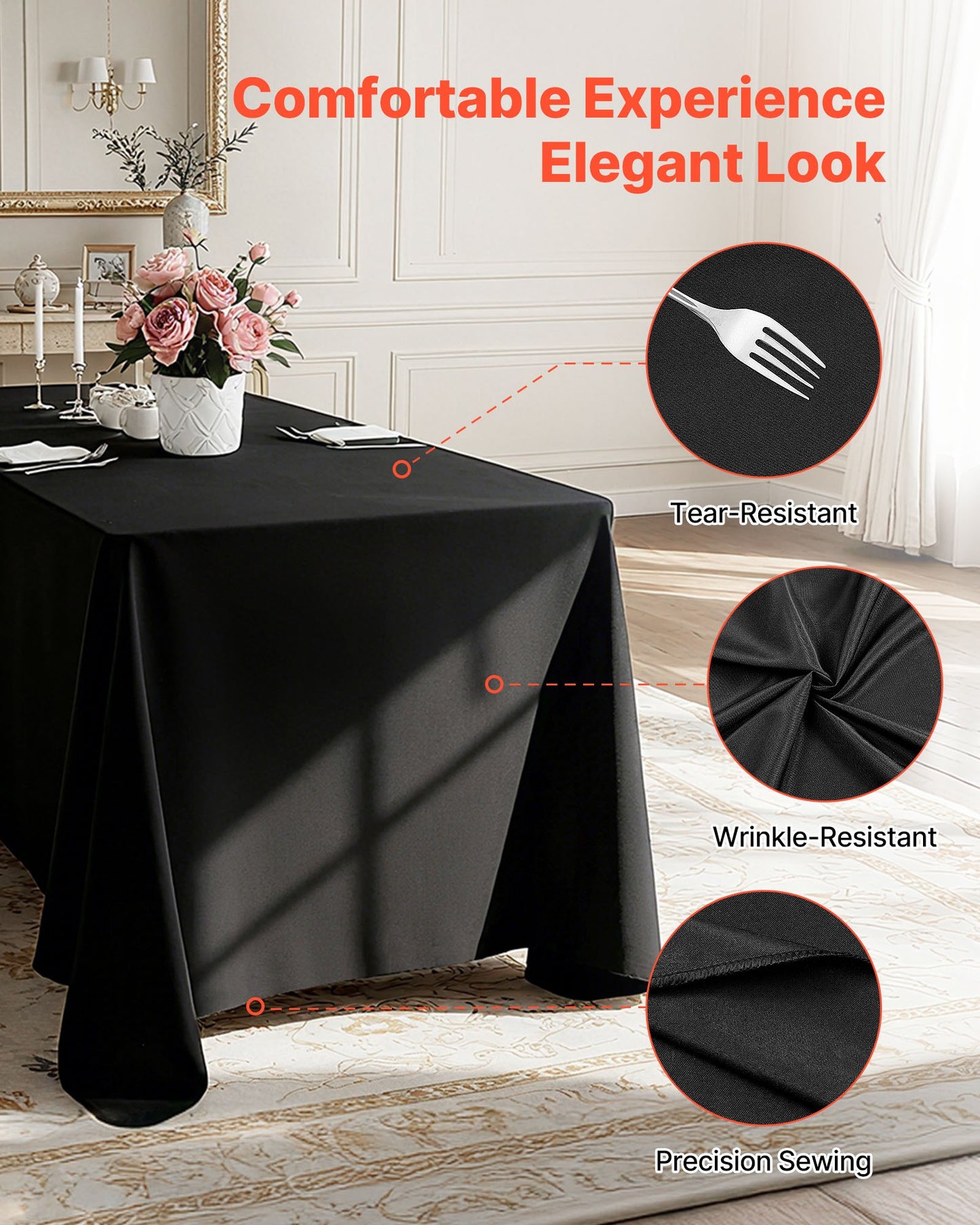 Black Tablecloths for Rectangle Tables, 6 Pack, 70 x 120 Inches, Reusable and Machine Washable Table Clothes, Wrinkle-Resistant Polyester Fabric Table Covers for Wedding, Party, Banquet