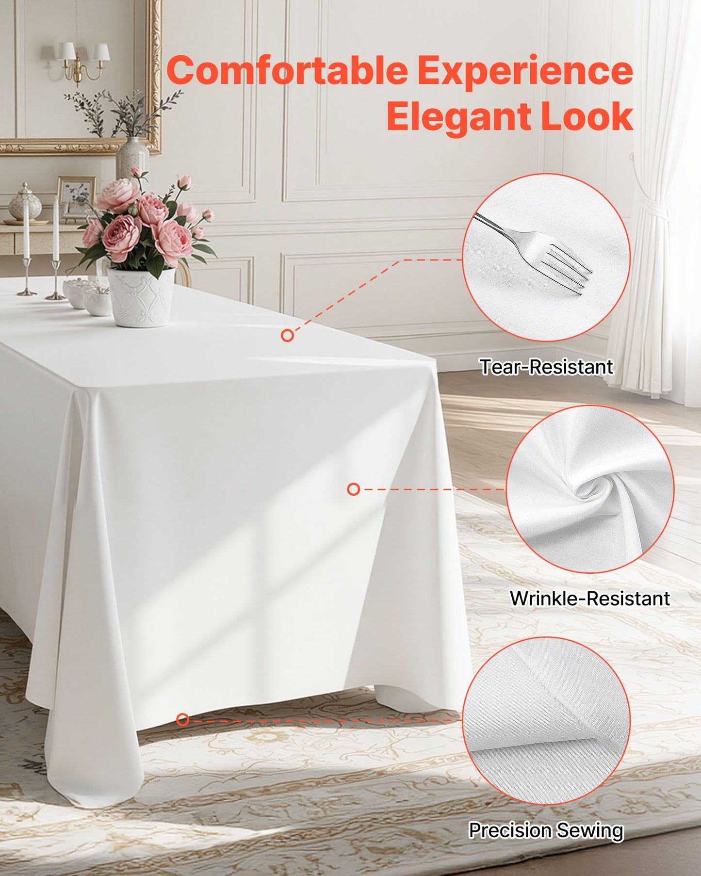 White Tablecloths for Rectangle Tables, 6 Pack, 70 x 120 Inches, Reusable and Machine Washable Table Clothes, Wrinkle-Resistant Polyester Fabric Table Covers for Wedding, Party, Banquet