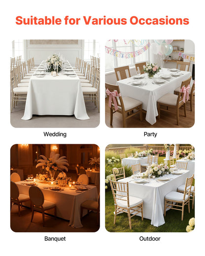 White Tablecloths for Rectangle Tables, 6 Pack, 90 x 132 Inches, Reusable and Machine Washable Table Clothes, Wrinkle-Resistant Polyester Fabric Table Covers for Wedding, Party, Banquet
