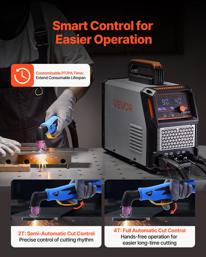 Plasma Cutter, 50A Non-Touch Pilot Arc Plasma Cutting Machine, 110V/220V Dual Voltage Digital Display IGBT Inverter - with 2T/4T Function & Adjustable PA/PT Time for Home Repairs, Workshops