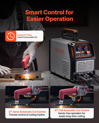 Plasma Cutter, 65A Non-Touch Pilot Arc Plasma Cutting Machine Non-High Frequency - with 2T/4T Function & Adjustable PT Time, 110V/220V Dual Voltage Digital Display IGBT Inverter