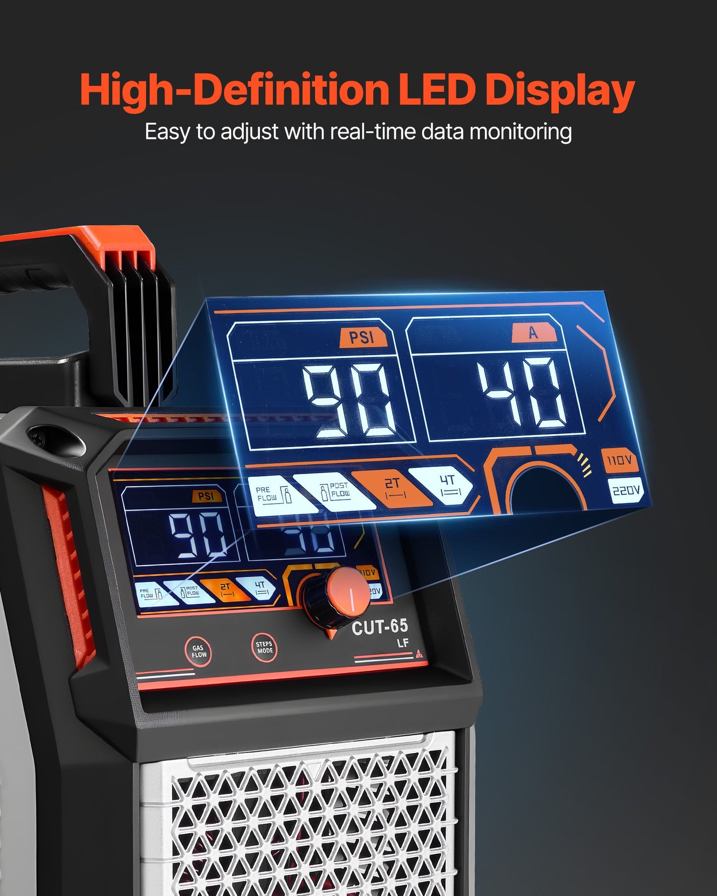 Plasma Cutter, 65A Non-Touch Pilot Arc Plasma Cutting Machine Non-High Frequency - with 2T/4T Function & Adjustable PT Time, 110V/220V Dual Voltage Digital Display IGBT Inverter