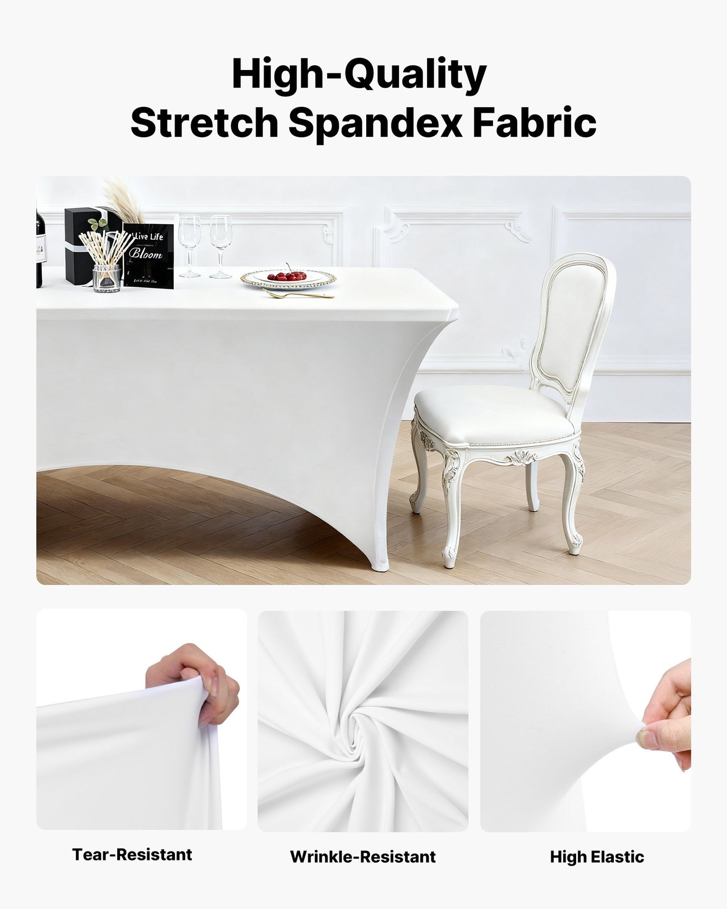 10 Pack Table Cloth for 6FT Rectangular Fitted Events, Wrinkle-Resistant Stretch White Table Covers, Washable Spandex Tablecloth Protector, for Party, Wedding, Cocktail, Banquet, Festival