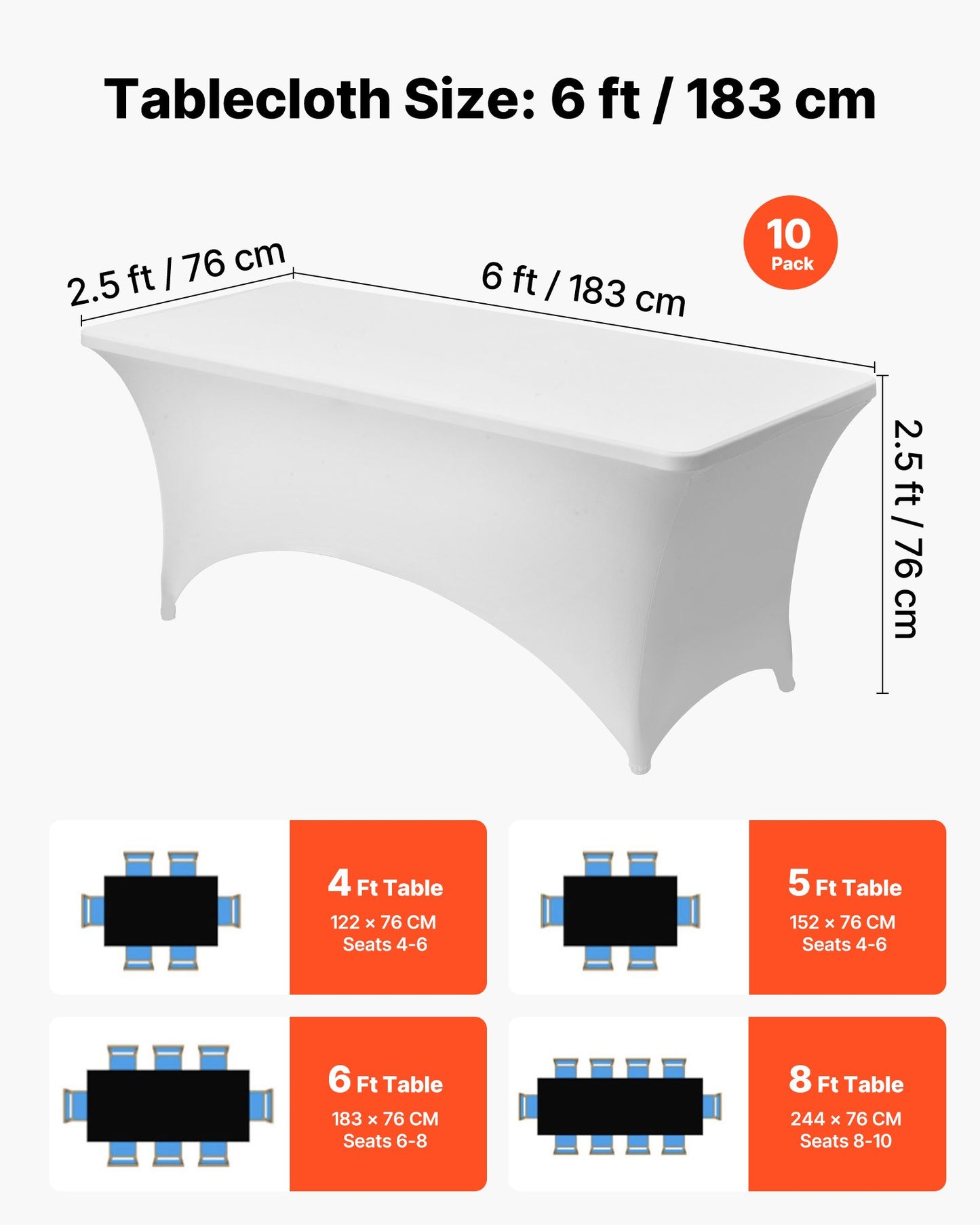 10 Pack Table Cloth for 6FT Rectangular Fitted Events, Wrinkle-Resistant Stretch White Table Covers, Washable Spandex Tablecloth Protector, for Party, Wedding, Cocktail, Banquet, Festival