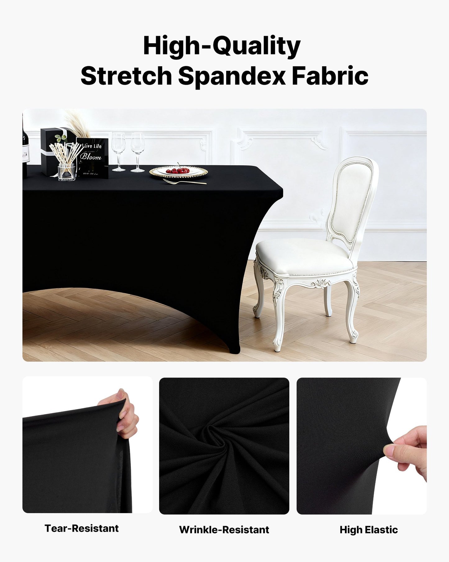 3 Pack Table Cloth for 6FT Rectangular Fitted Events, Wrinkle-Resistant Stretch Black Table Covers, Washable Spandex Tablecloth Protector, for Party, Wedding, Cocktail, Banquet, Festival