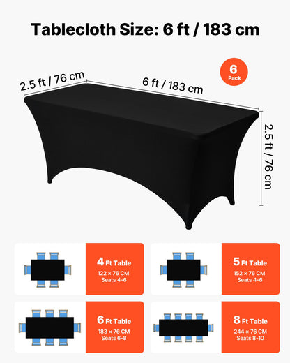 6 Pack Table Cloth for 6FT Rectangular Fitted Events, Wrinkle-Resistant Stretch Black Table Covers, Washable Spandex Tablecloth Protector, for Party, Wedding, Cocktail, Banquet, Festival