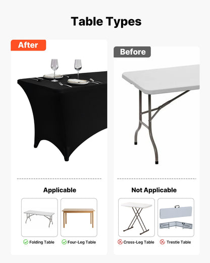 6 Pack Table Cloth for 6FT Rectangular Fitted Events, Wrinkle-Resistant Stretch Black Table Covers, Washable Spandex Tablecloth Protector, for Party, Wedding, Cocktail, Banquet, Festival