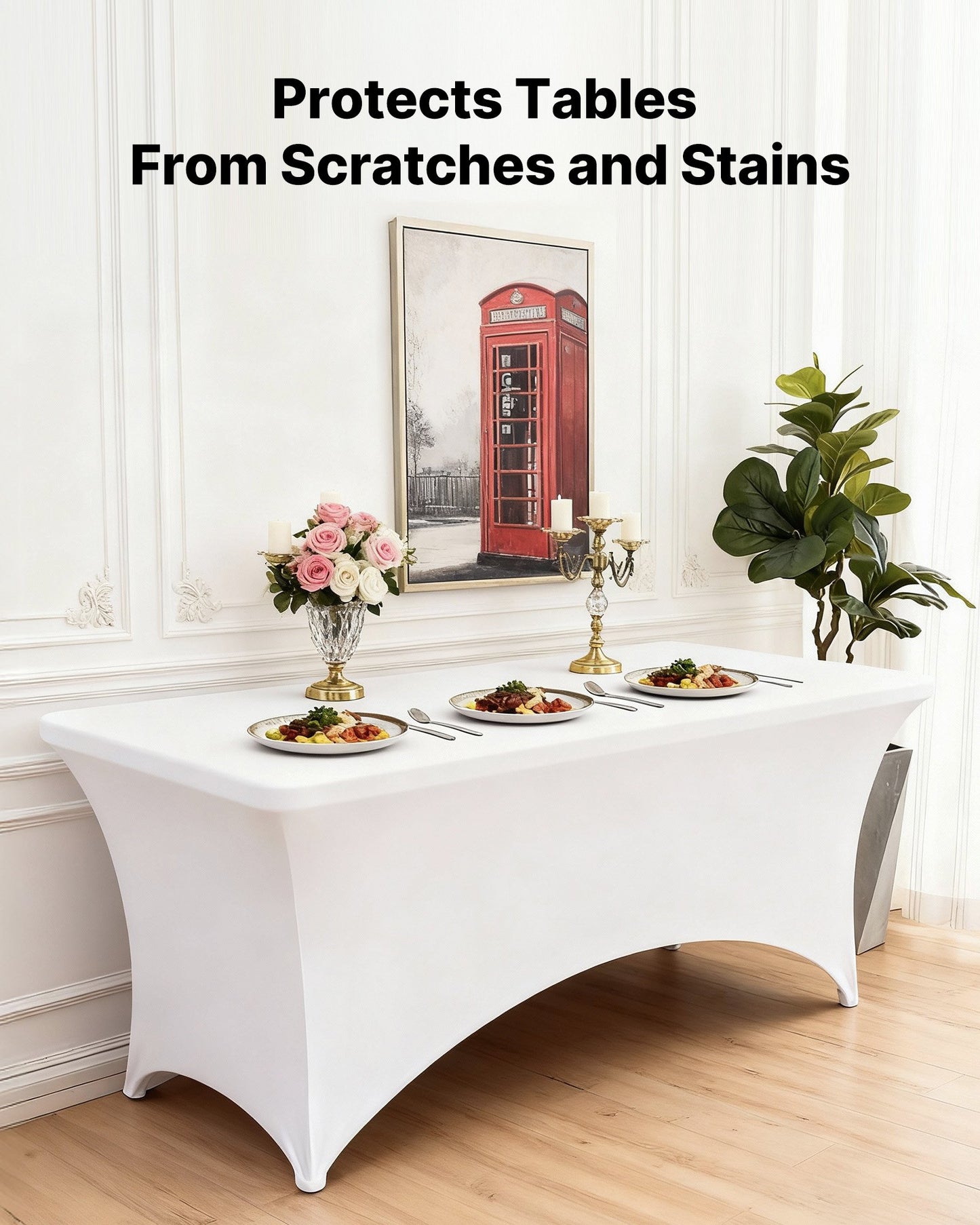 6 Pack Table Cloth for 8FT Rectangular Fitted Events, Wrinkle-Resistant Stretch White Table Covers, Washable Spandex Tablecloth Protector, for Party, Wedding, Cocktail, Banquet, Festival