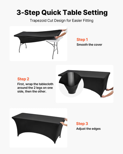 6 Pack Table Cloth for 8FT Rectangular Fitted Events, Wrinkle-Resistant Stretch Black Table Covers, Washable Spandex Tablecloth Protector, for Party, Wedding, Cocktail, Banquet, Festival