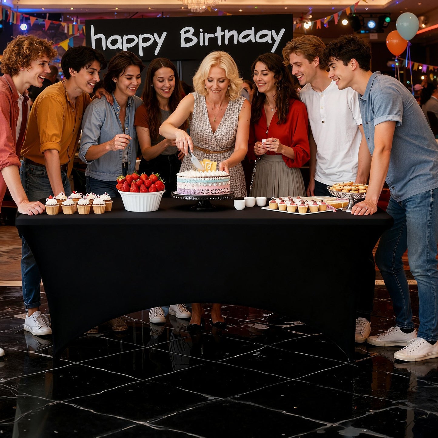 6 Pack Table Cloth for 8FT Rectangular Fitted Events, Wrinkle-Resistant Stretch Black Table Covers, Washable Spandex Tablecloth Protector, for Party, Wedding, Cocktail, Banquet, Festival