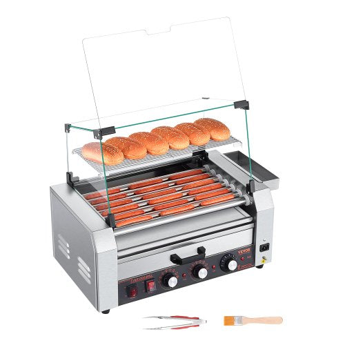 Hot Dog Roller, 18 Hot Dog 7 Rollers, Stainless Steel Sausage Grill Cooker, 1200W Hot Dog Machine with Bun Warmer, Cover, 3 Temp Control, Side Storage Box, Oil Drip Tray, for Home & Commercial