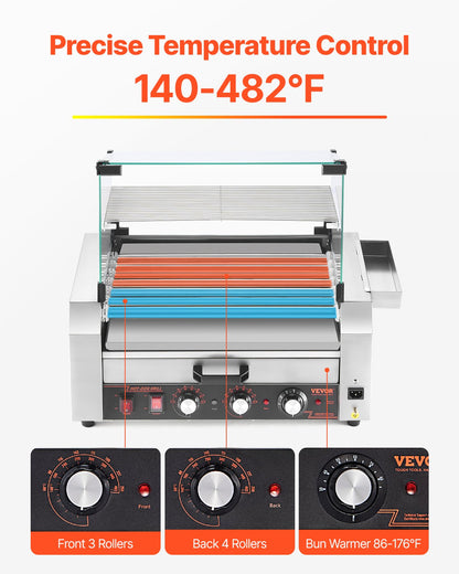 Hot Dog Roller, 18 Hot Dog 7 Rollers, Stainless Steel Sausage Grill Cooker, 1200W Hot Dog Machine with Bun Warmer, Cover, 3 Temp Control, Side Storage Box, Oil Drip Tray, for Home & Commercial