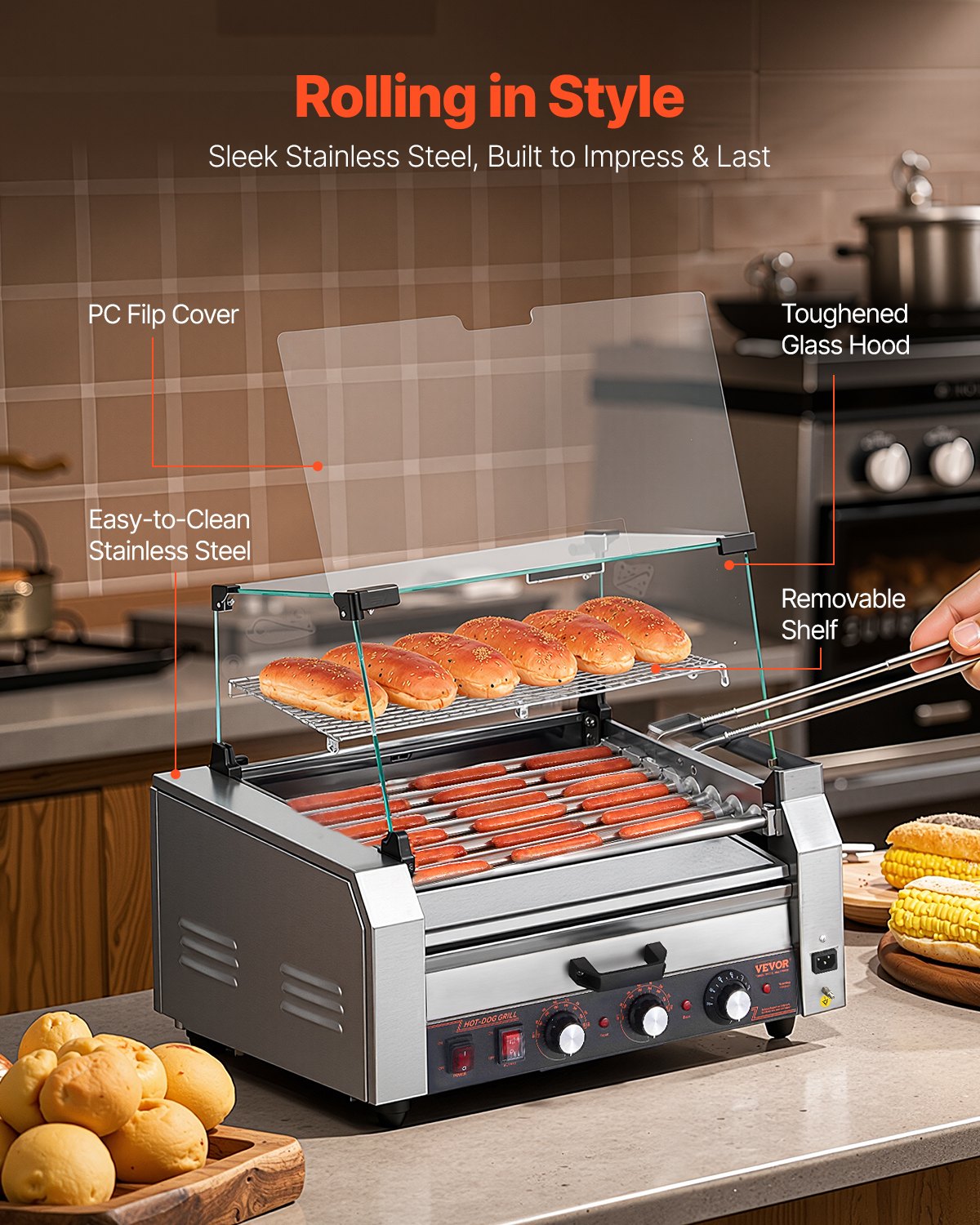 Hot Dog Roller, 18 Hot Dog 7 Rollers, Stainless Steel Sausage Grill Cooker, 1200W Hot Dog Machine with Bun Warmer, Cover, 3 Temp Control, Side Storage Box, Oil Drip Tray, for Home & Commercial