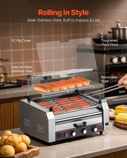Hot Dog Roller, 18 Hot Dog 7 Rollers, Stainless Steel Sausage Grill Cooker, 1200W Hot Dog Machine with Bun Warmer, Cover, 3 Temp Control, Side Storage Box, Oil Drip Tray, for Home & Commercial