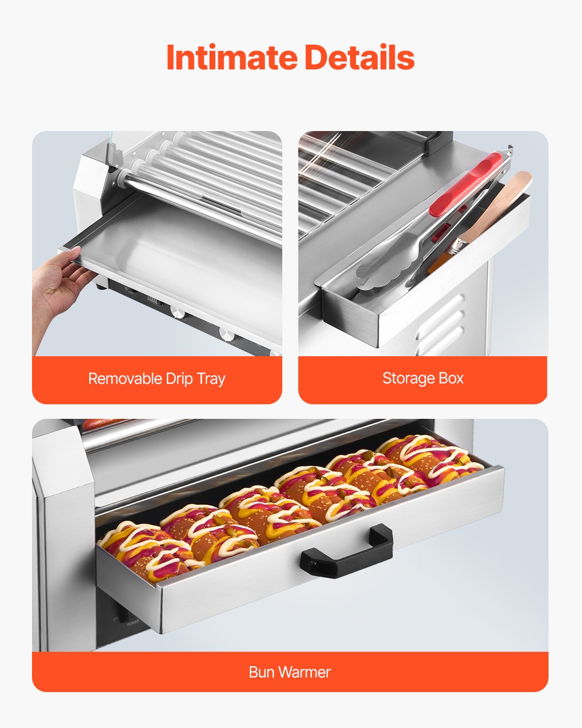 Hot Dog Roller, 18 Hot Dog 7 Rollers, Stainless Steel Sausage Grill Cooker, 1200W Hot Dog Machine with Bun Warmer, Cover, 3 Temp Control, Side Storage Box, Oil Drip Tray, for Home & Commercial
