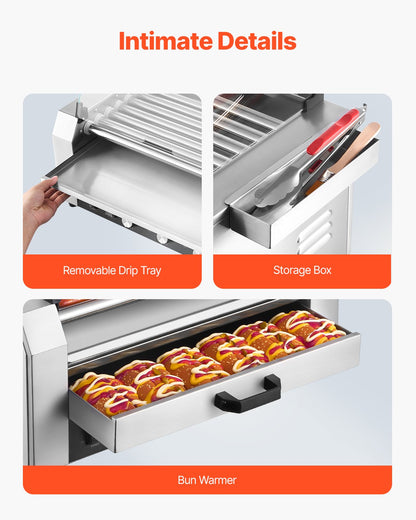 Hot Dog Roller, 18 Hot Dog 7 Rollers, Stainless Steel Sausage Grill Cooker, 1200W Hot Dog Machine with Bun Warmer, Cover, 3 Temp Control, Side Storage Box, Oil Drip Tray, for Home & Commercial
