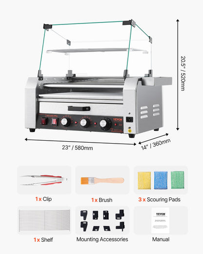 Hot Dog Roller, 18 Hot Dog 7 Rollers, Stainless Steel Sausage Grill Cooker, 1200W Hot Dog Machine with Bun Warmer, Cover, 3 Temp Control, Side Storage Box, Oil Drip Tray, for Home & Commercial