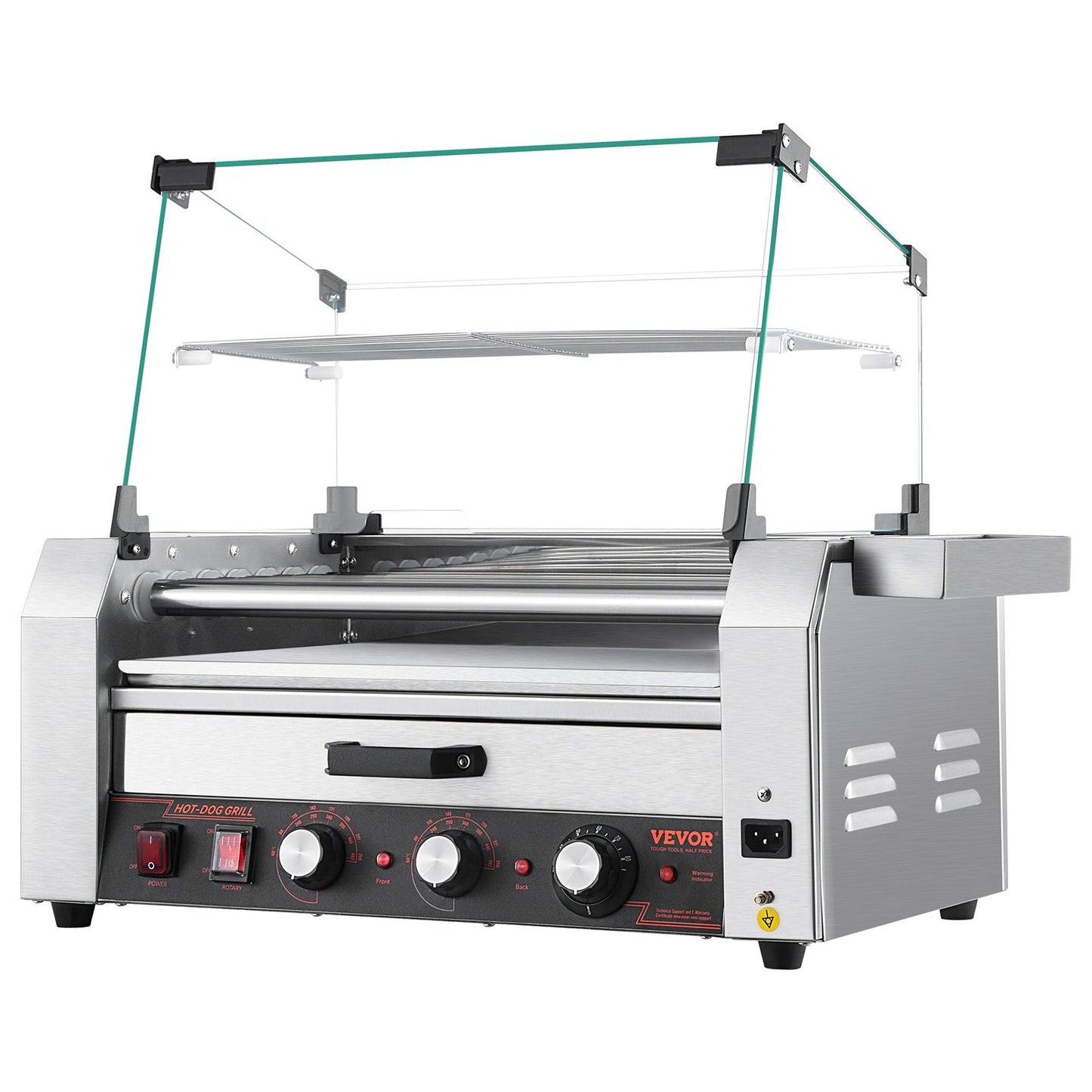 Hot Dog Roller, 18 Hot Dog 7 Rollers, Stainless Steel Sausage Grill Cooker, 1200W Hot Dog Machine with Bun Warmer, Cover, 3 Temp Control, Side Storage Box, Oil Drip Tray, for Home & Commercial