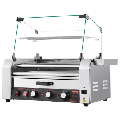 Hot Dog Roller, 18 Hot Dog 7 Rollers, Stainless Steel Sausage Grill Cooker, 1200W Hot Dog Machine with Bun Warmer, Cover, 3 Temp Control, Side Storage Box, Oil Drip Tray, for Home & Commercial