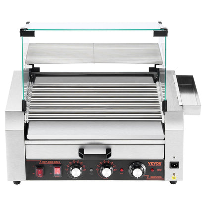 Hot Dog Roller, 18 Hot Dog 7 Rollers, Stainless Steel Sausage Grill Cooker, 1200W Hot Dog Machine with Bun Warmer, Cover, 3 Temp Control, Side Storage Box, Oil Drip Tray, for Home & Commercial