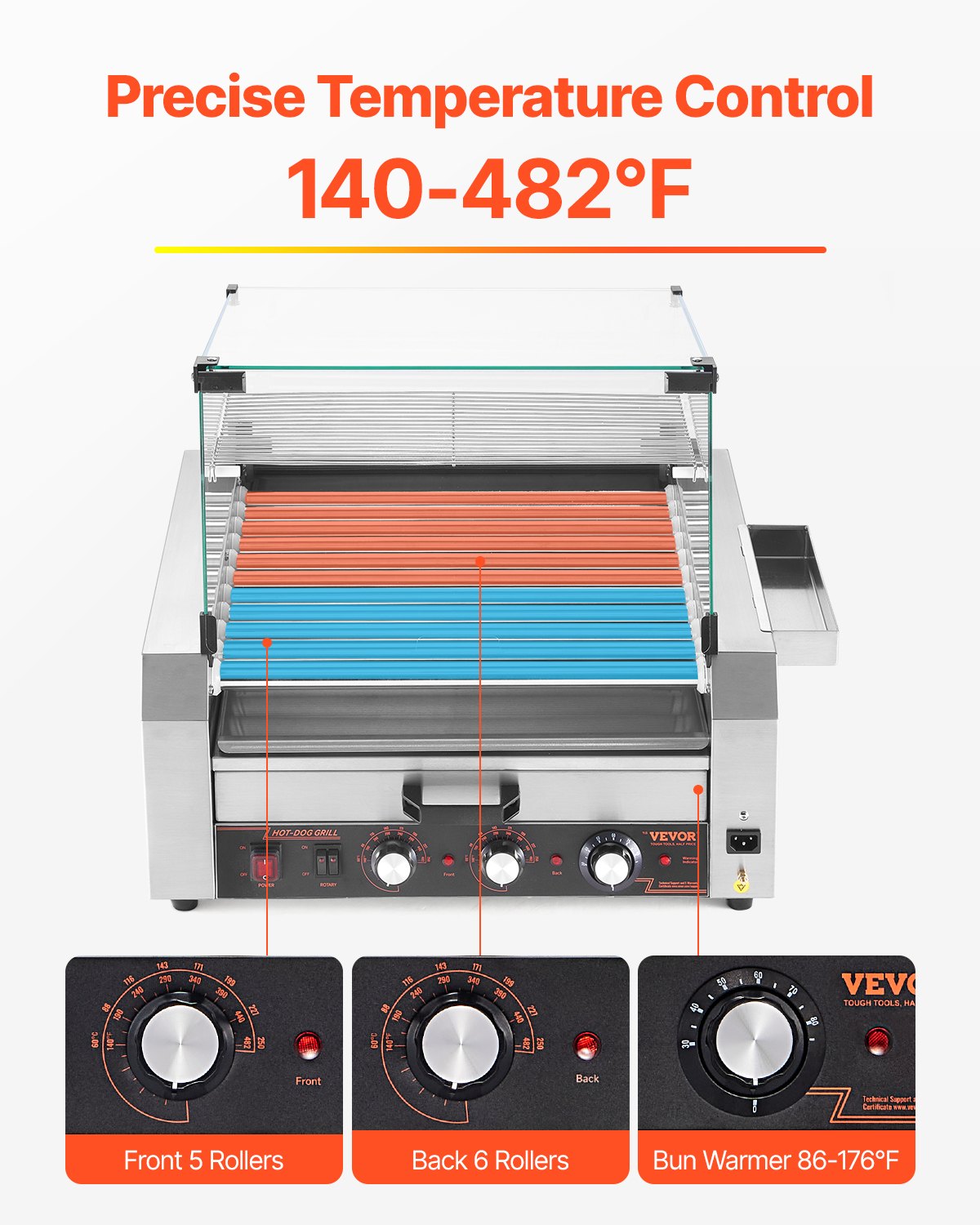Hot Dog Roller, 30 Hot Dog 11 Rollers, Stainless Steel Sausage Grill Cooker, 1950W Hot Dog Machine with Bun Warmer, Cover, 3 Temp Control, Side Storage Box, Oil Drip Tray, for Home & Commercial