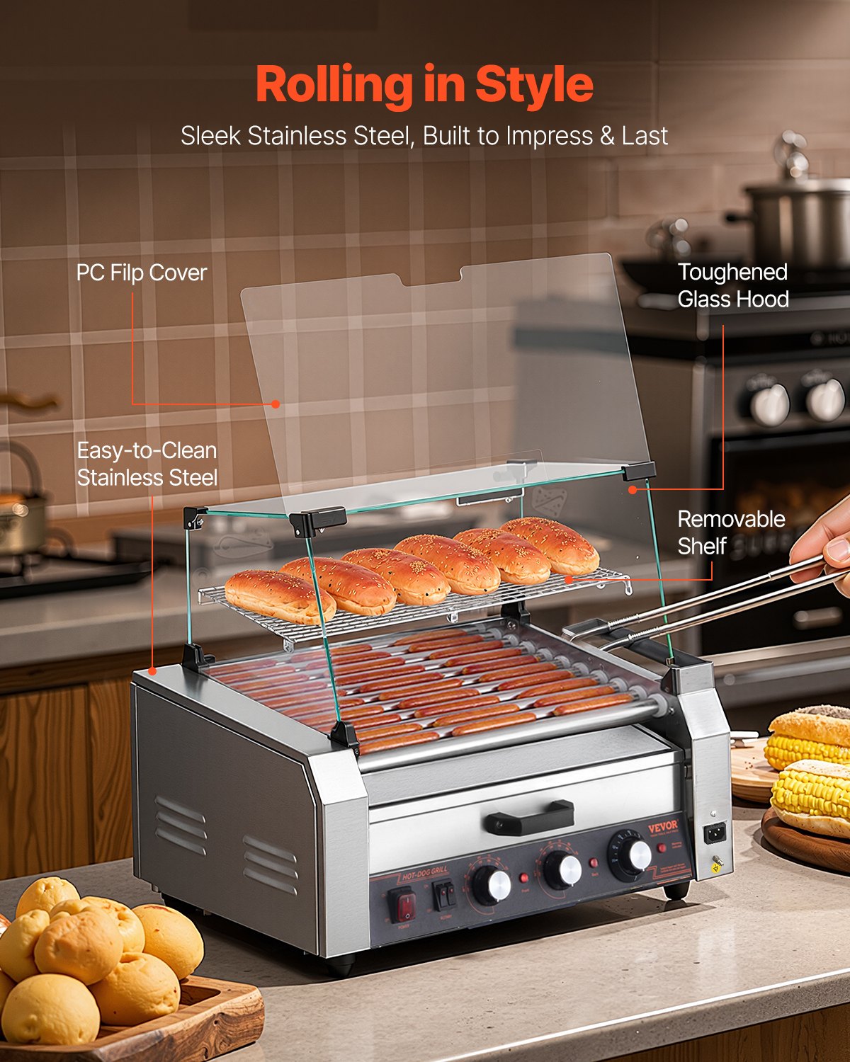 Hot Dog Roller, 30 Hot Dog 11 Rollers, Stainless Steel Sausage Grill Cooker, 1950W Hot Dog Machine with Bun Warmer, Cover, 3 Temp Control, Side Storage Box, Oil Drip Tray, for Home & Commercial