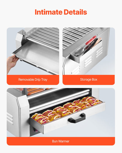 Hot Dog Roller, 30 Hot Dog 11 Rollers, Stainless Steel Sausage Grill Cooker, 1950W Hot Dog Machine with Bun Warmer, Cover, 3 Temp Control, Side Storage Box, Oil Drip Tray, for Home & Commercial