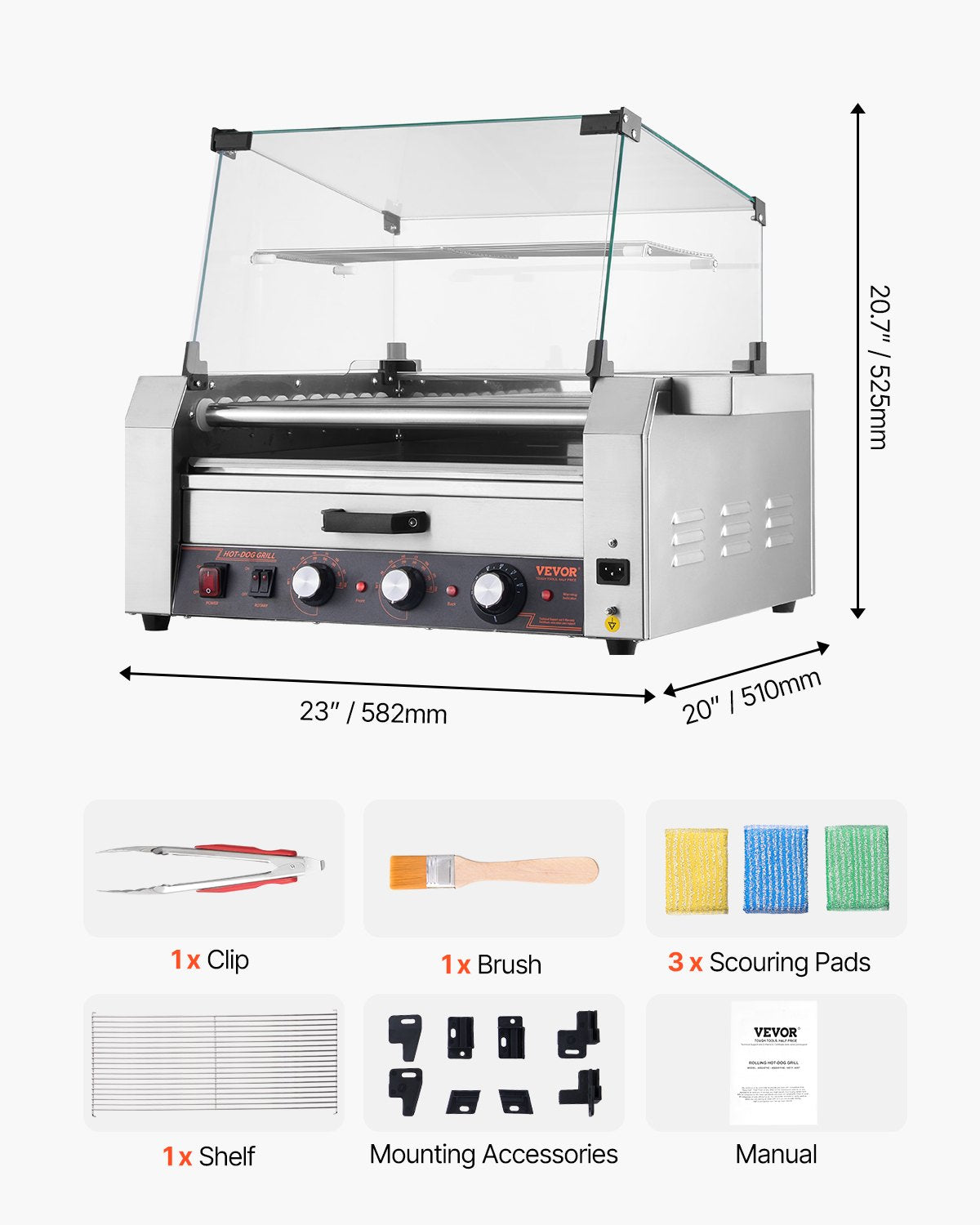 Hot Dog Roller, 30 Hot Dog 11 Rollers, Stainless Steel Sausage Grill Cooker, 1950W Hot Dog Machine with Bun Warmer, Cover, 3 Temp Control, Side Storage Box, Oil Drip Tray, for Home & Commercial
