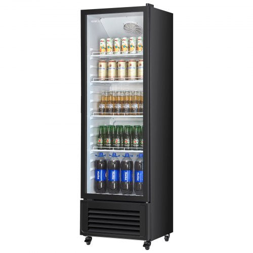 Commercial Merchandiser Refrigerator, 11.47 CU.FT Glass Door Display Refrigerator, Upright Beverage Refrigerator Cooler Merchandiser with 4 Adjustable Shelves, Casters, Soft LED Light, Black