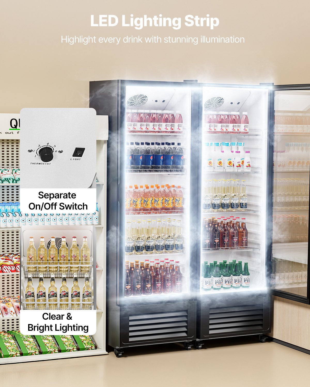 Commercial Merchandiser Refrigerator, 11.47 CU.FT Glass Door Display Refrigerator, Upright Beverage Refrigerator Cooler Merchandiser with 4 Adjustable Shelves, Casters, Soft LED Light, Black