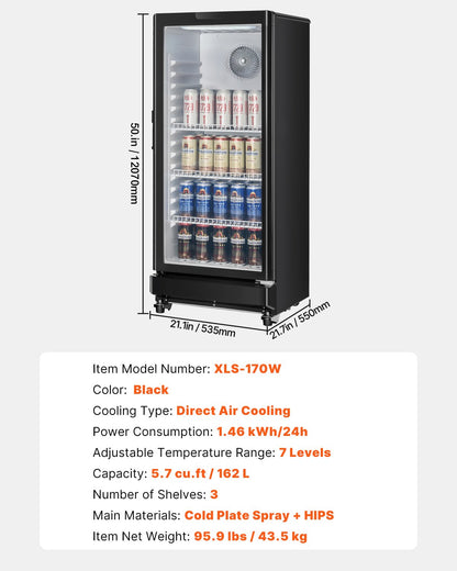 Commercial Merchandiser Refrigerator, 5.7 CU.FT Glass Door Display Refrigerator Upright Fridge, Beverage Refrigerator Cooler Merchandiser with 3 Adjustable Shelves and Soft LED Light, Black