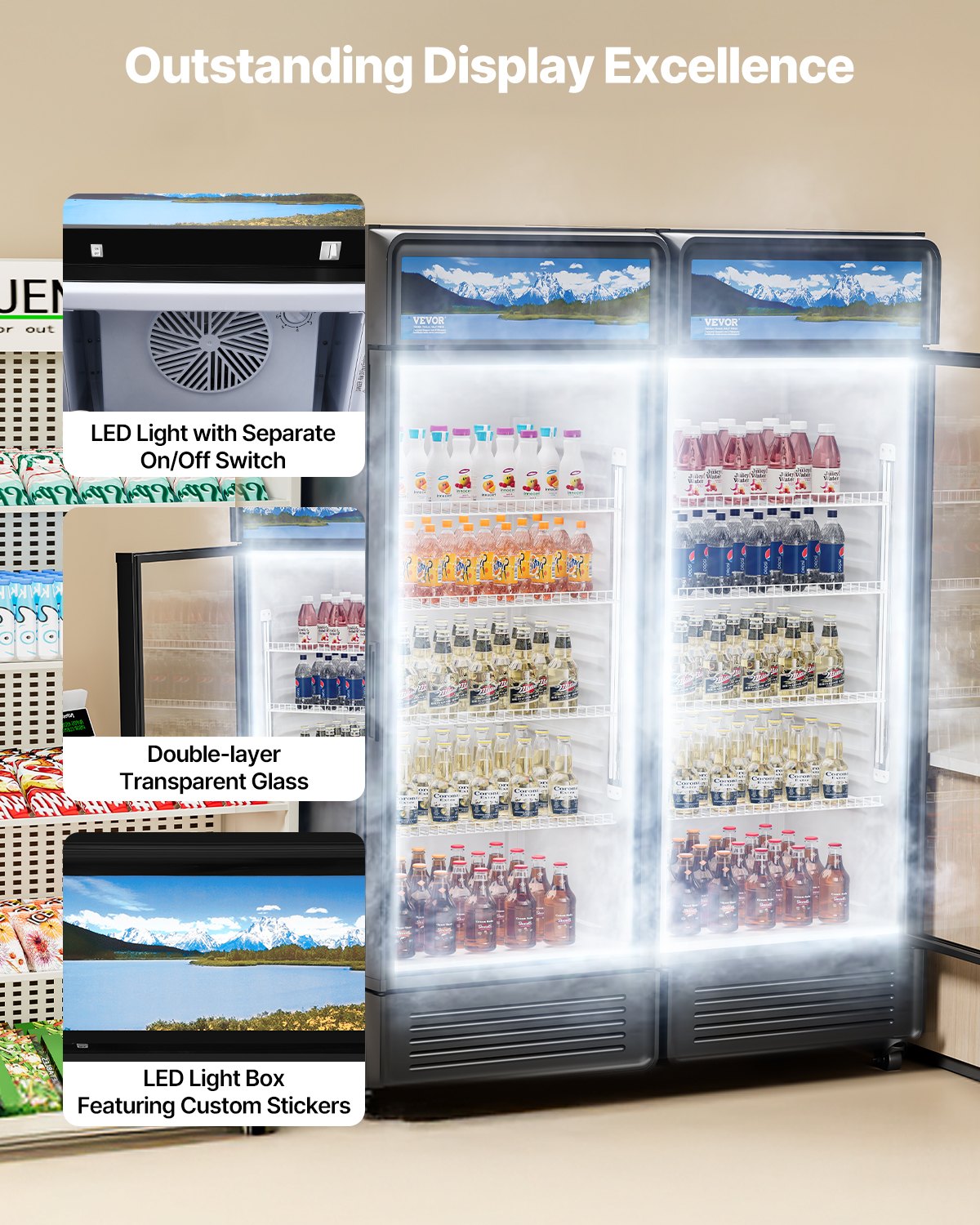 Commercial Merchandiser Refrigerator, 12.2 CU.FT Glass Door Display Refrigerator, Beverage Refrigerator Cooler Merchandiser with Adjustable Shelves, Soft LED Light, Customizable Lightbox, Black