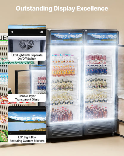 Commercial Merchandiser Refrigerator, 12.2 CU.FT Glass Door Display Refrigerator, Beverage Refrigerator Cooler Merchandiser with Adjustable Shelves, Soft LED Light, Customizable Lightbox, Black