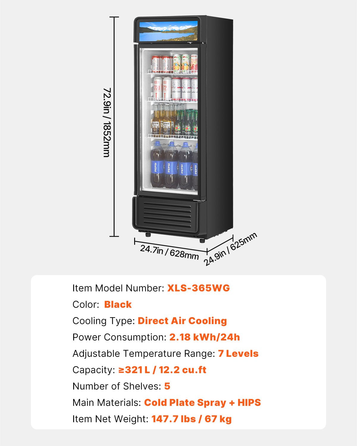Commercial Merchandiser Refrigerator, 12.2 CU.FT Glass Door Display Refrigerator, Beverage Refrigerator Cooler Merchandiser with Adjustable Shelves, Soft LED Light, Customizable Lightbox, Black