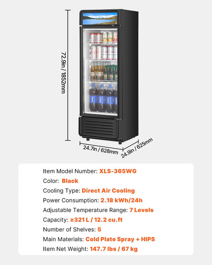 Commercial Merchandiser Refrigerator, 12.2 CU.FT Glass Door Display Refrigerator, Beverage Refrigerator Cooler Merchandiser with Adjustable Shelves, Soft LED Light, Customizable Lightbox, Black