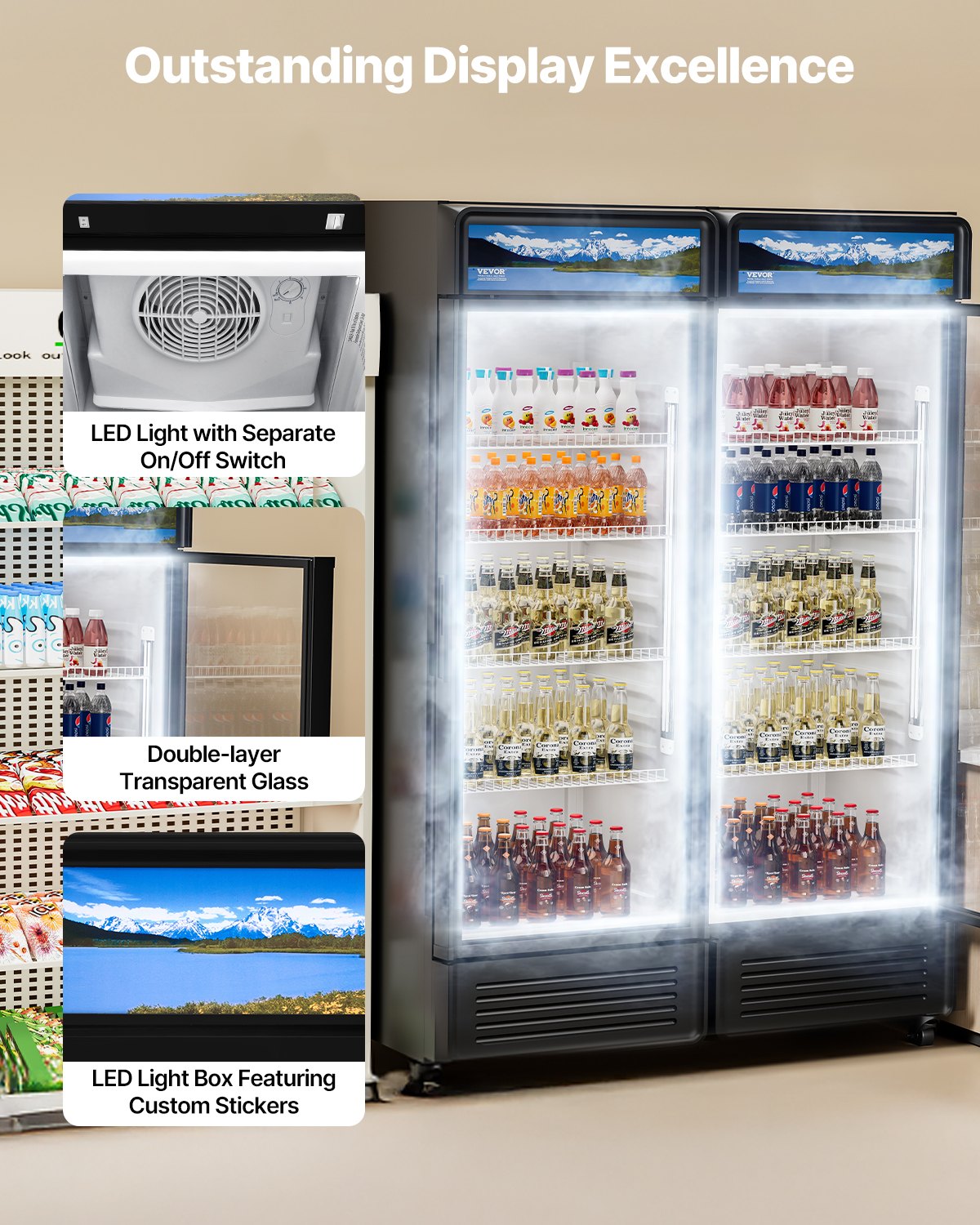 Commercial Merchandiser Refrigerator, 13.3 CU.FT Glass Door Display Refrigerator, Beverage Refrigerator Cooler Merchandiser with Adjustable Shelves, Soft LED Light, Customizable Lightbox, Black