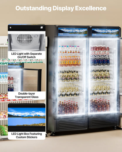 Commercial Merchandiser Refrigerator, 13.3 CU.FT Glass Door Display Refrigerator, Beverage Refrigerator Cooler Merchandiser with Adjustable Shelves, Soft LED Light, Customizable Lightbox, Black
