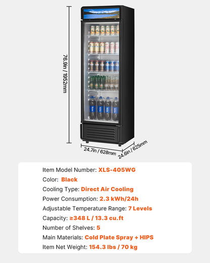 Commercial Merchandiser Refrigerator, 13.3 CU.FT Glass Door Display Refrigerator, Beverage Refrigerator Cooler Merchandiser with Adjustable Shelves, Soft LED Light, Customizable Lightbox, Black