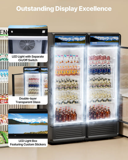 Commercial Merchandiser Refrigerator, 6.9 CU.FT Glass Door Display Refrigerator, Beverage Refrigerator Cooler Merchandiser with Adjustable Shelves, Soft LED Light, Customizable Lightbox, Black