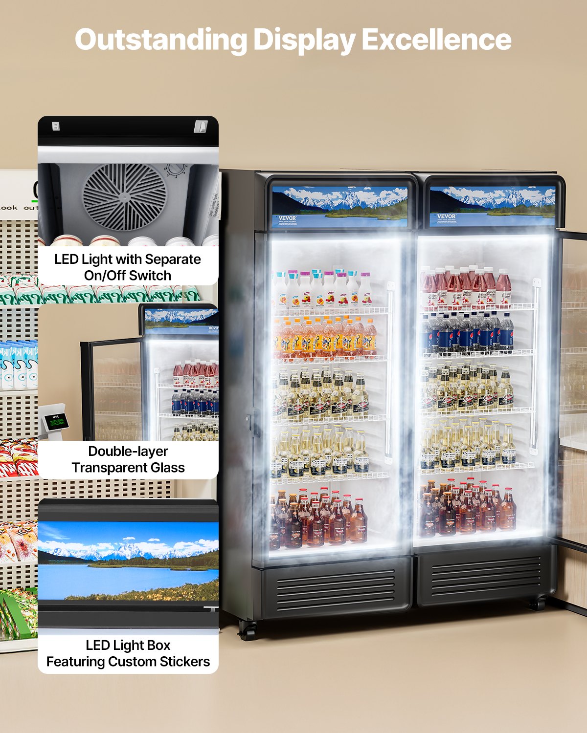 Commercial Merchandiser Refrigerator, 9.7 CU.FT Glass Door Display Refrigerator, Beverage Refrigerator Cooler Merchandiser with Adjustable Shelves, Soft LED Light, Customizable Lightbox, Black